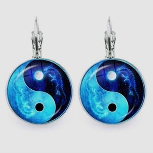 New Blue Dragon Yin and Yang Glass Cabochon Silver Earrings.